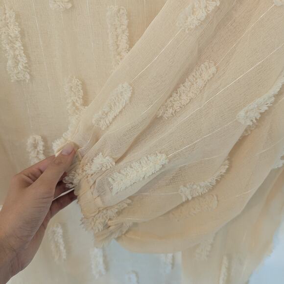 Oddi Cream Beige Linen Like Textured Weave Balloon Sleeve Blouse Size XL Beachy - Picture 5 of 8